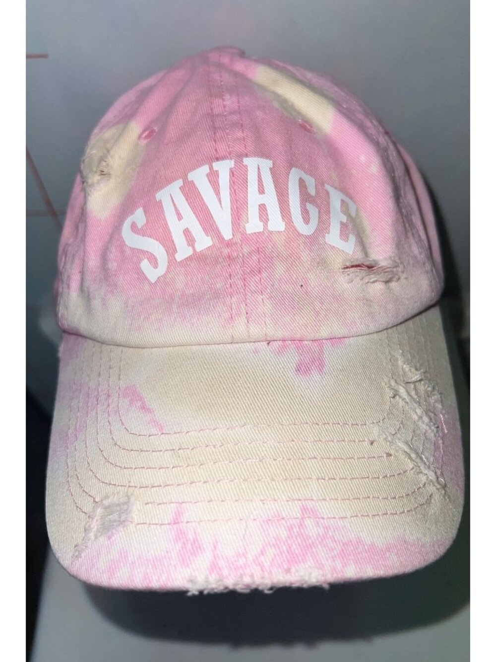 Pink Distressed Savage Baseball Cap Tie-Dye Adjustable Strapback 100% Cotton